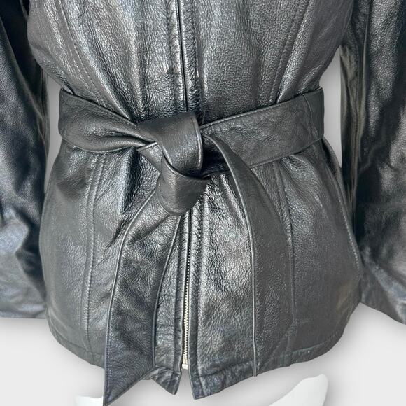 Vintage Wilsons Belted Leather Jacket Black Tie Waist Women's size Medium Edgy - Picture 10 of 14